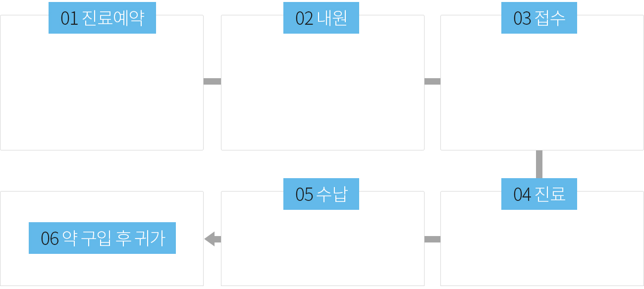 01 진료예약 / 02 내원 / 03 접수 / 04 진료 / 05 수납 / 06 약 구입 후 귀가